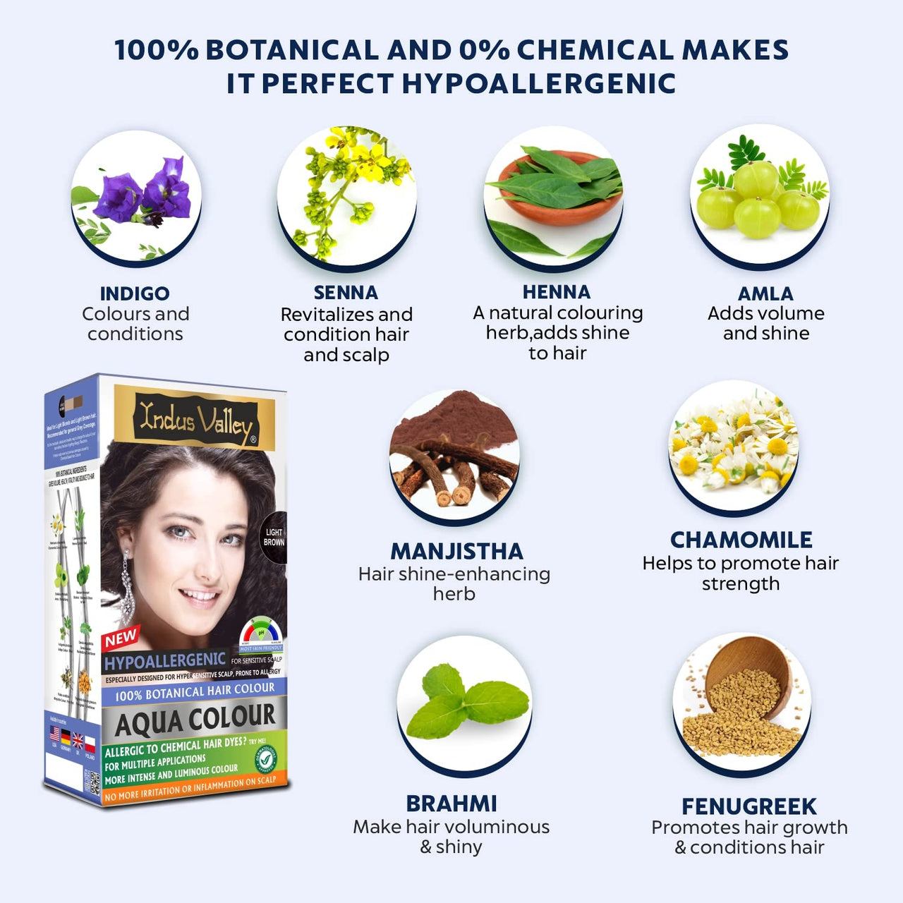 INDUS VALLEY Hypo Allergic Aqua Colour 100% Botanical Hair Colour, 30ml + 200g - Light Brown (Pack of 1)