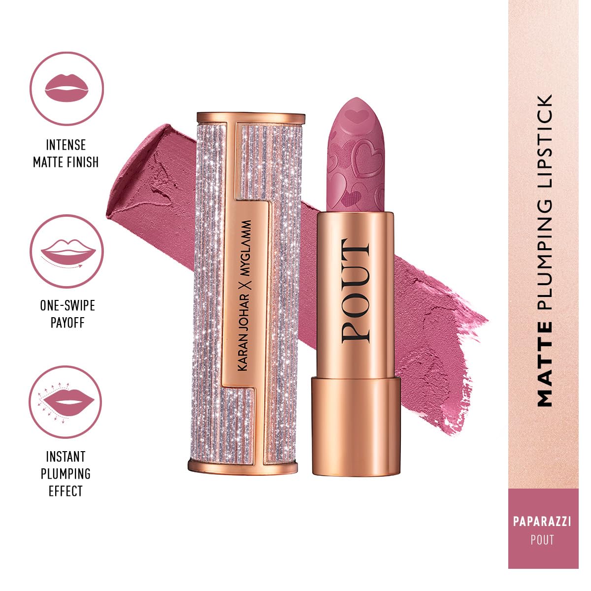 MyGlamm POUT by Karan Johar Intense Matte Plumping Lipstick - Paparazzi Pout (Mauve Pink Shade) | Highly Pigmented, Long Lasting, Lightweight, Creamy Matte Lipstick For Lip Makeup (4g)