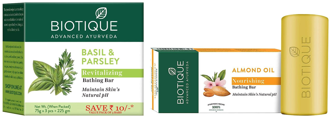 Biotique Bio Basil and Parsley Body Revitalizing Body Soap, Pack of 3, 225 g (3 x 75 g) & Biotique Almond Oil Nourishing Body Soap, 150g