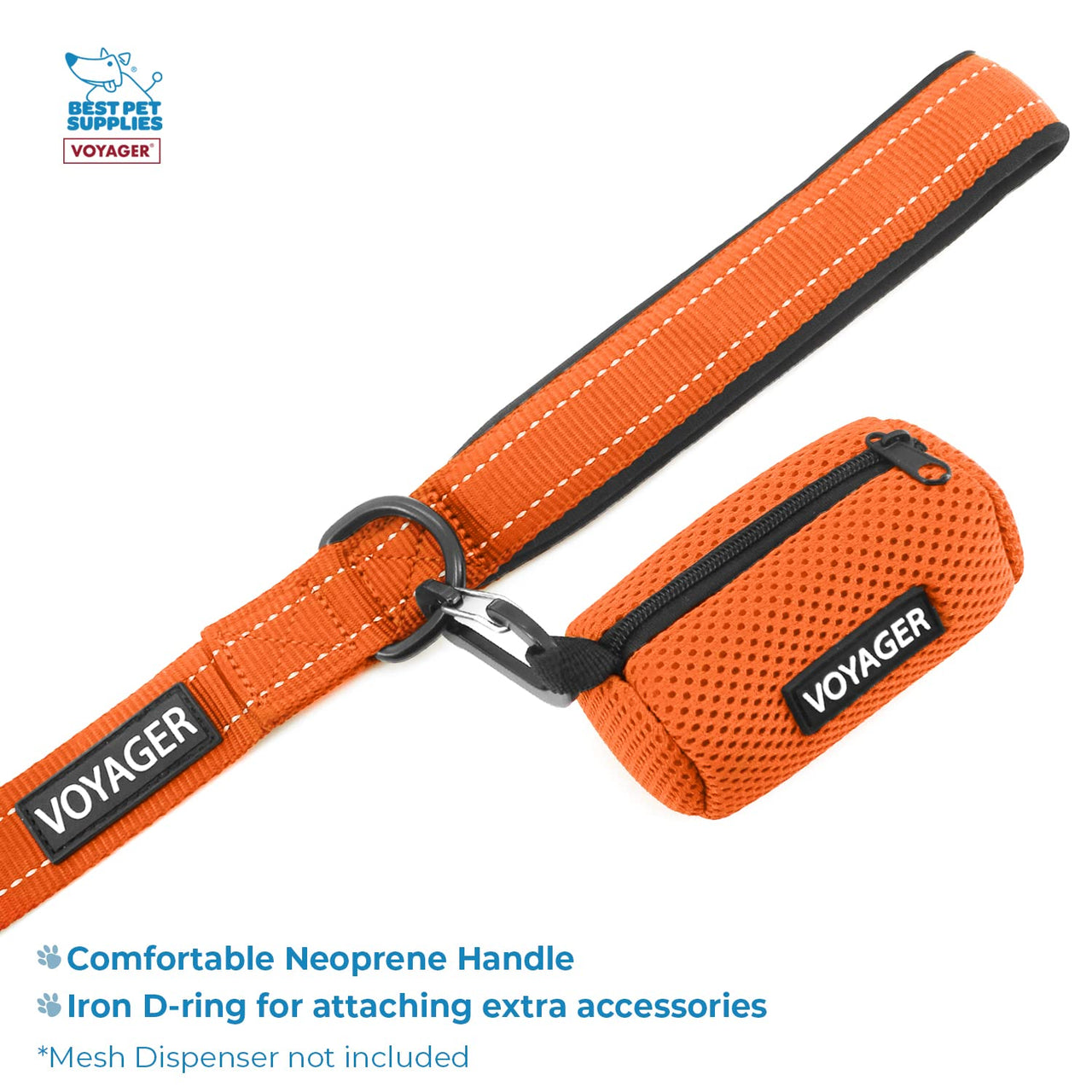Voyager Reflective Dog Leash Collar Set with Neoprene Handle Supports Small, Medium, and Large Breed Puppies, Cute and Heavy Duty for Walking, Running, and Training - Orange, S