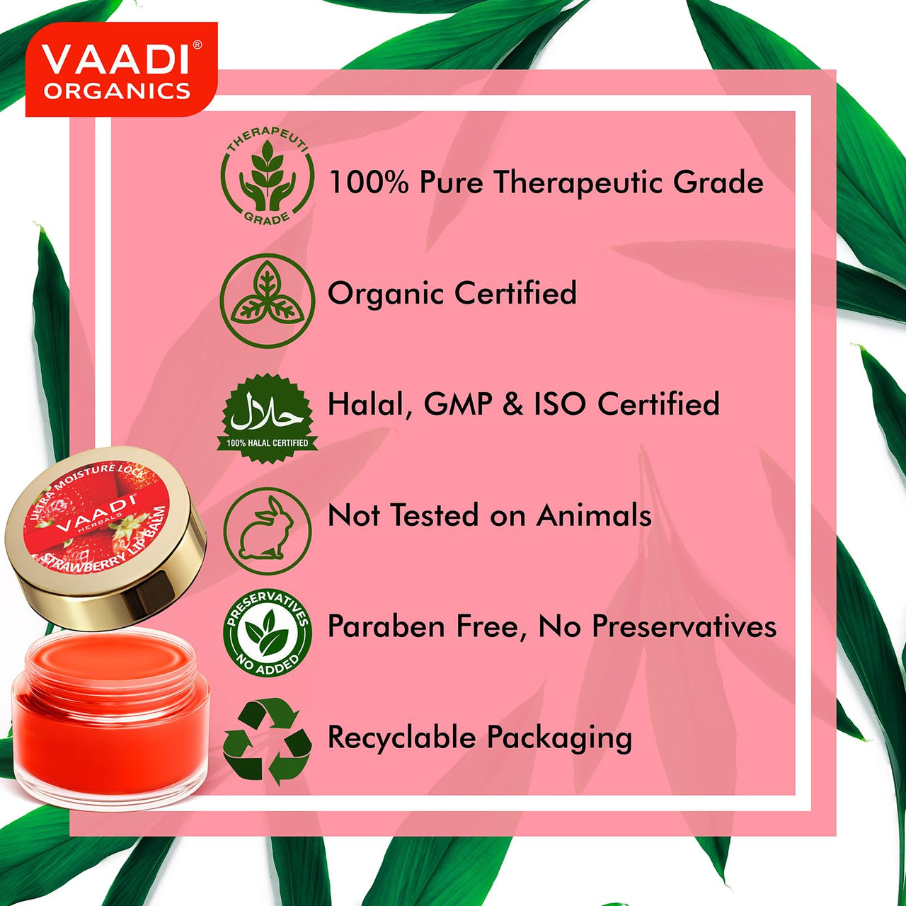 Vaadi Herbals Lip Balm, Strawberry and Honey, 10g
