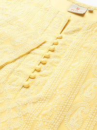 ZOLA Exclusive Georgette Round Neck with Full Sleeves and Calf Length Luckhnowi Chikan Kari Kurta with Button Placket on Yolk Ethnic Wear Straight Kurta for Women Pack of 1