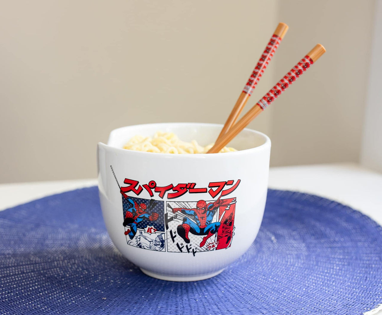 Silver Buffalo Marvel Spider-Man Japanese Manga Comic Panels Ceramic Ramen Noodle Rice Bowl with Chopsticks, Microwave Safe, 20 Ounces