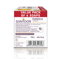 Santoor PureGlo Glycerine Soap with Almond Oil and Glycerine, 125g (Pack of 6) for Nourished Glowing Skin