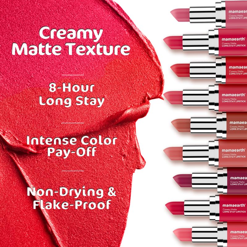 Mamaearth Creamy Matte Long Stay Lipstick with Murumuru Butter and Vitamin E for 8-Hour Long Stay (Flakeproof & Non-Drying | Intense Color Payoff) - 4.2g (Apricot Taupe)