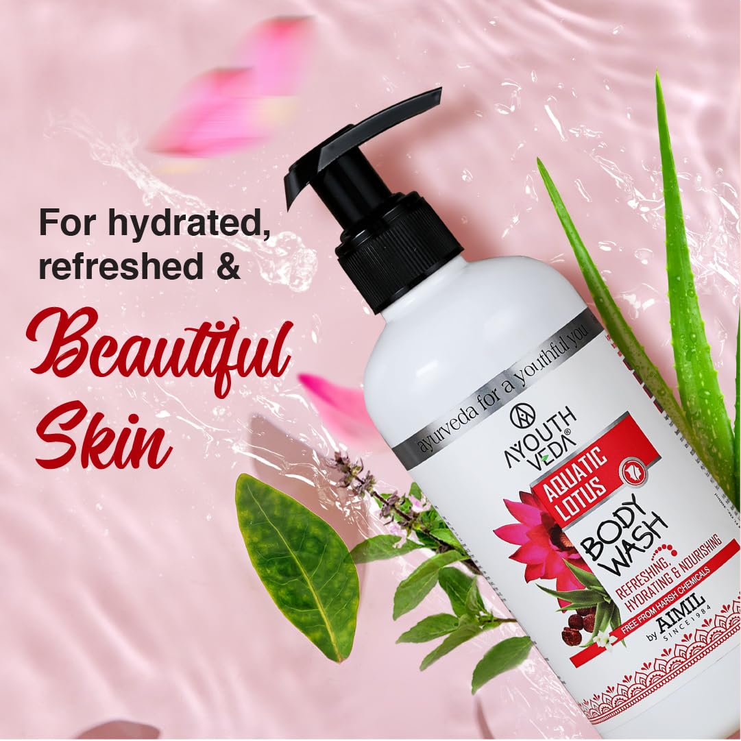 Ayouthveda Aquatic Lotus Body Wash with Rich Blend Of Aloevera, Lotus & Holy Basil |Refreshes, Deep Cleanses & Hydrates the Body | Gentle body wash for Daily use (Pack of 1-300ml)