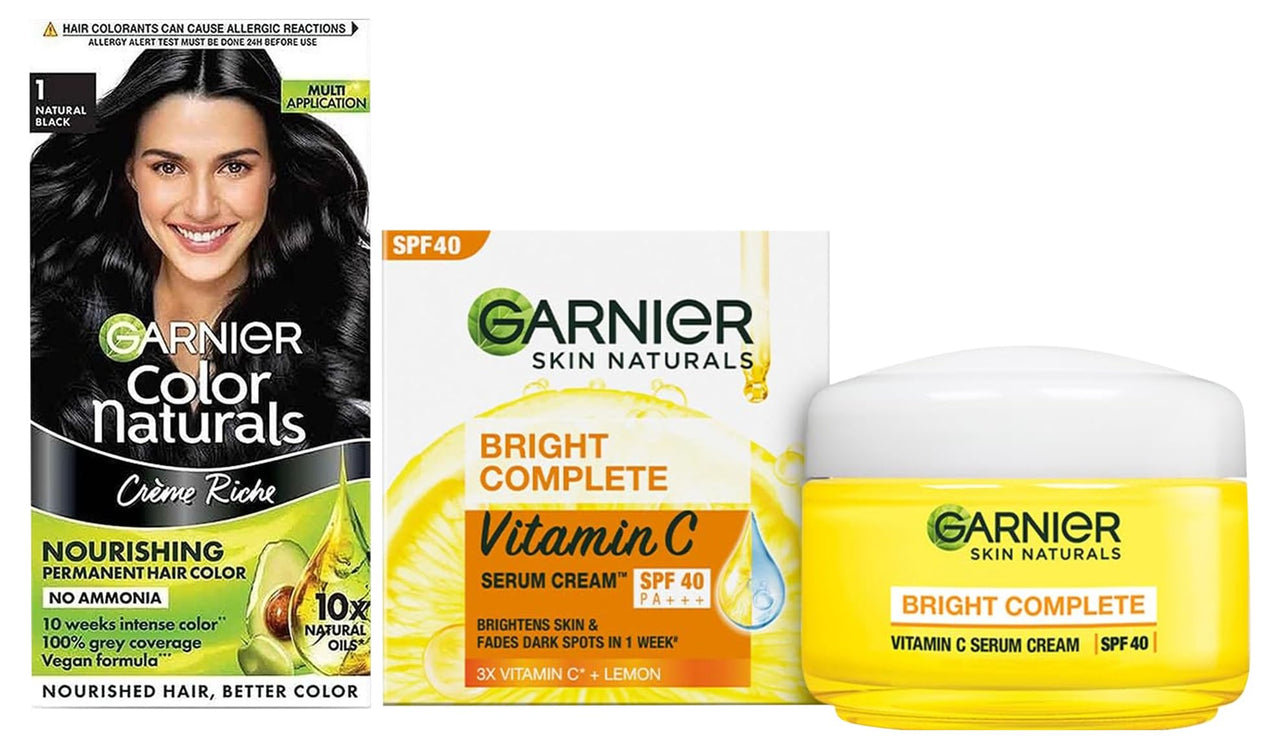 Garnier Skin Naturals, Day Cream, Bright Complete Vitamin C Serum Cream, 45 g & Garnier, Hair Colouring Creme, Long-lasting Colour, Shade: 1 Natural Black, 70ml + 60g