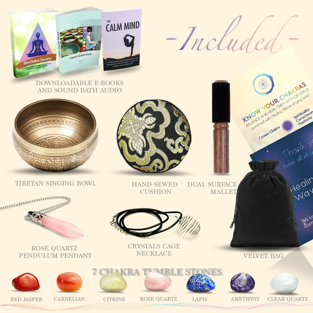 Tibetan Singing Bowl Set - Rose Quartz Pendulum Necklace and 7 chakra healing crystal stones - Handcrafted in Nepal for Meditation, Mindfulness, Yoga, Spiritual Healing and Stress Relief 4" Bronze