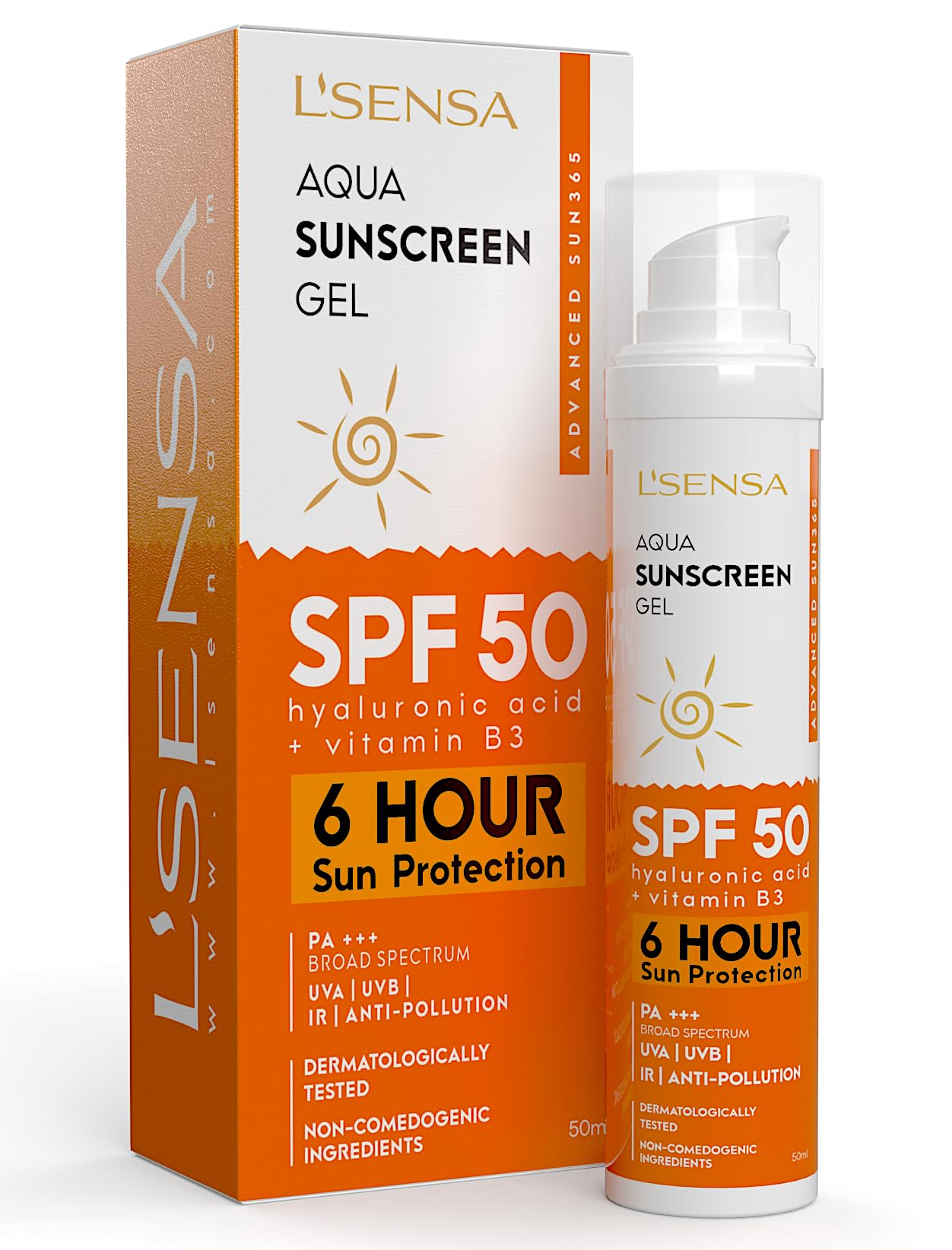 L'SENSA Sunscreen SPF 50 for Oily Skin, Anti-Tan, Waterproof Sun cream, 1% Hyaluronic Aqua Gel, Free from Oxybenzone, For Oily, Combination & Ace Prone Skin, Make-Up Friendly For Women & Men, 50Gram