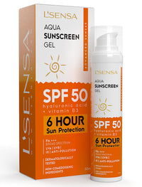 L'SENSA Sunscreen SPF 50 for Oily Skin, Anti-Tan, Waterproof Sun cream, 1% Hyaluronic Aqua Gel, Free from Oxybenzone, For Oily, Combination & Ace Prone Skin, Make-Up Friendly For Women & Men, 50Gram