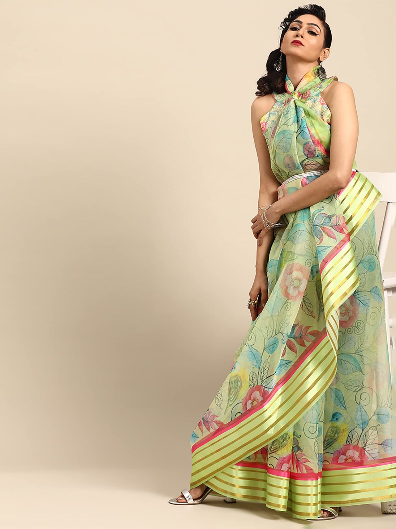 AKHILAM Women's  Knit Floral Printed Organza Saree with Unstitched Blouse Piece (FF0SAGE10_Parent)