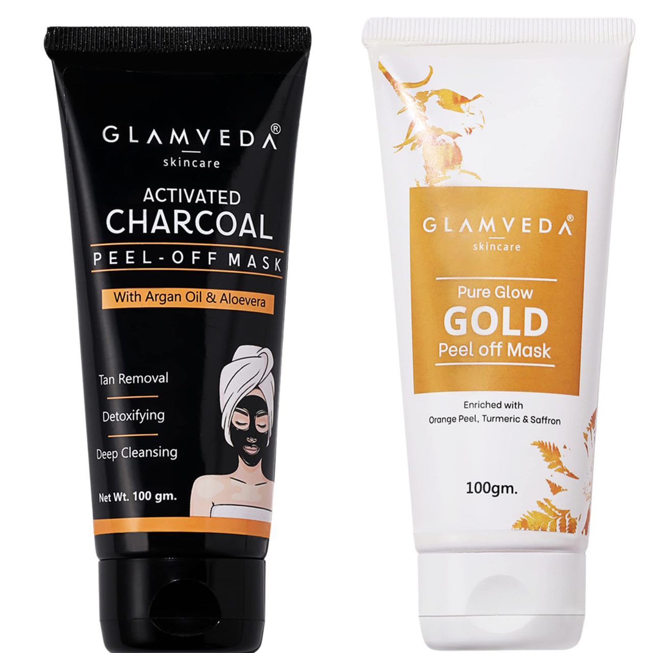 Glamveda Activated Charcoal & Pure Glow Gold Peel Off Mask | Paraben Free | 200 gm (charcoal & Gold)