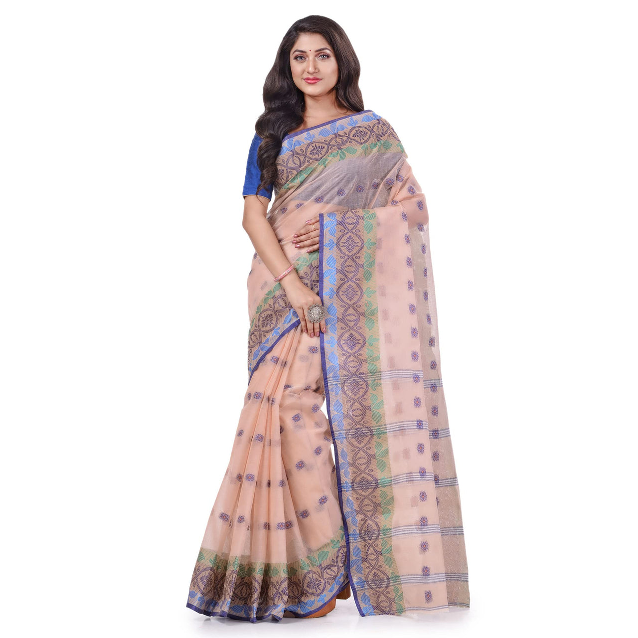 dB DESH BIDESH Women`s Traditional Bengal Tant Tri Leaf Woven Design Pure Handloom Cotton Saree Without Blouse Piece