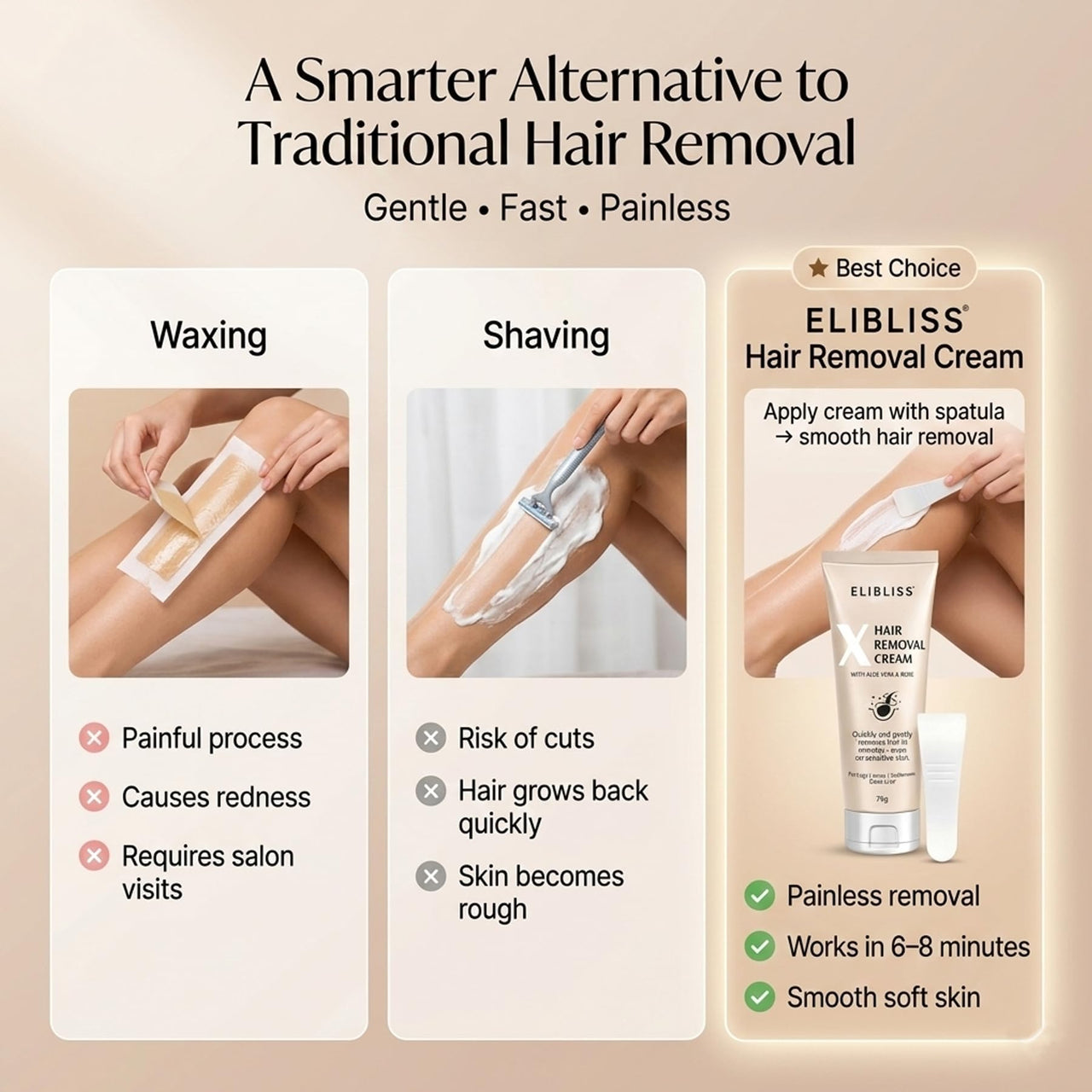 Elibliss X Hair Removal Cream 75g | Aloe Vera for Sensitive Skin | Painless Hair Remover for Under arms, Legs & Bikini Line | Smooth & Hydrated Finish