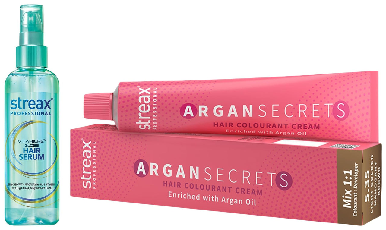 Streax Professional Vitariche Gloss Hair Serum (200 ml) Argan Secrets Permanent Hair Colourant Cream - Light Golden Mahogany Brown 5.35, 60 gm