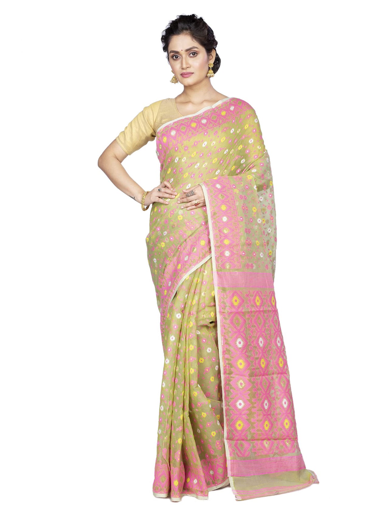 T.J. SAREES Women's  Jamdani Silk Blend Saree Without Blouse Piece