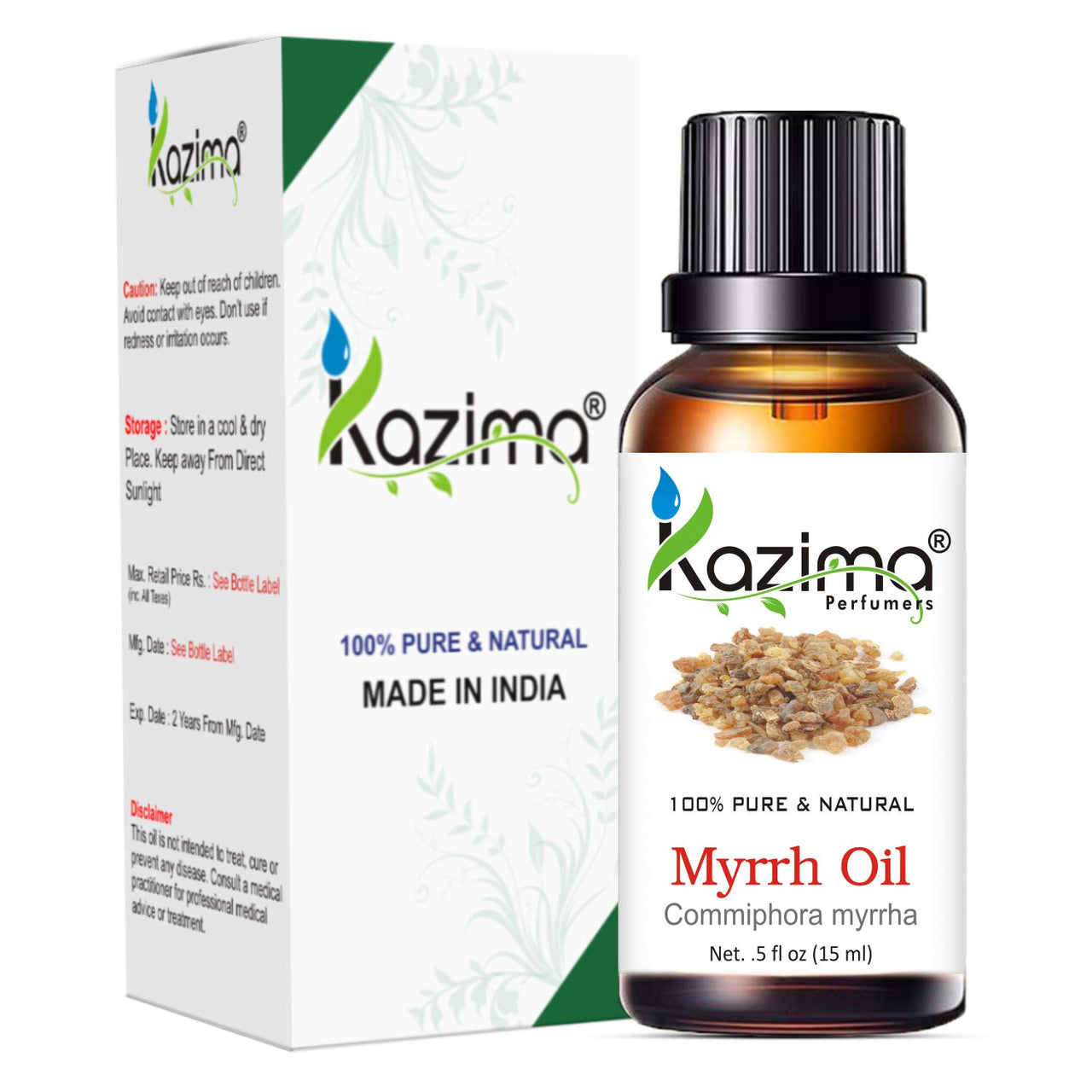 KAZIMA Combo of Frankincense Oil and Myrrh Oil - 100% Pure Essential Oil for Face Acne & Scars, Gums, Hair Growth & Body Massage, 15 ml each