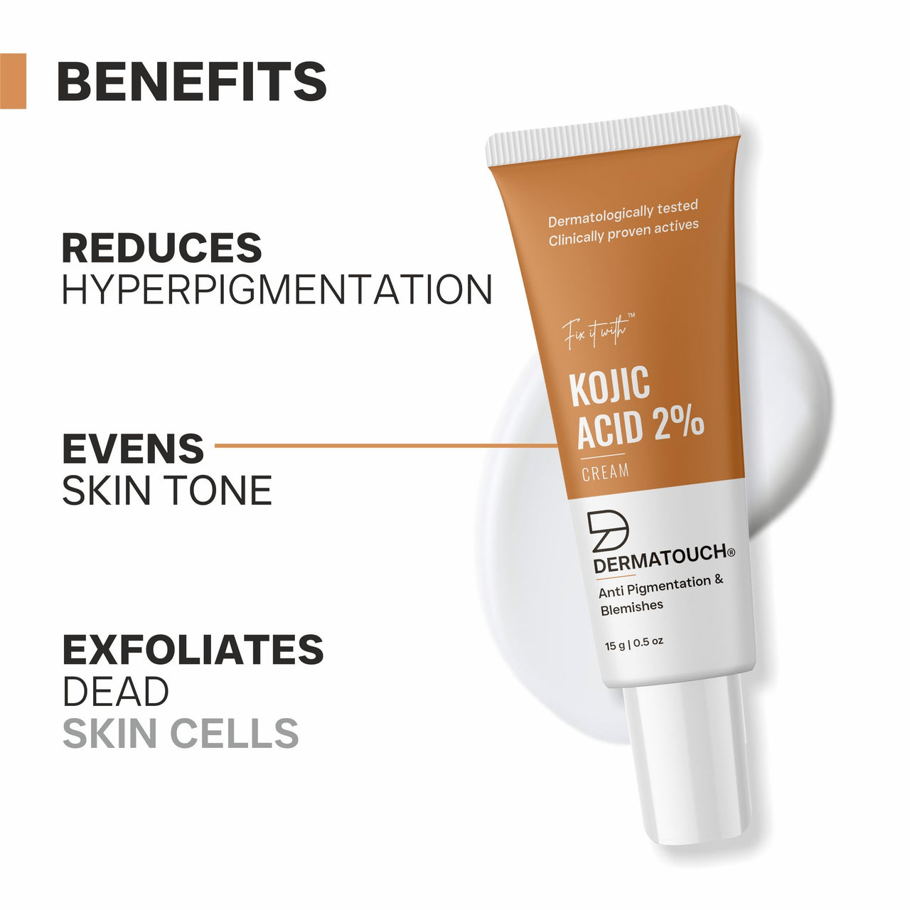 DERMATOUCH Kojic Acid 2% Cream | Non-greasy | For Pigmentation, Blemishes and Dark Spots reduction - 15G