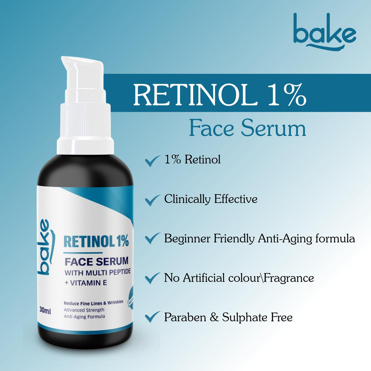 BAKE 1% Retinol Face Serum with Multi Peptides for Anti Aging,Reduces Fine Lines & Wrinkles | Advanced Strength Serum | 30ml