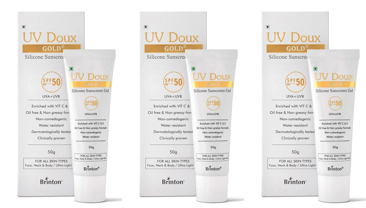 Brinton UV Doux Gold Silicone Sunscreen Gel SPF 50 PA+++ Enriched With Vitamin C & E | Water Resistant, Oil Free & Non- Greasy | UVA/UVB With Broad Spectrum, 50 g x Pack of 3
