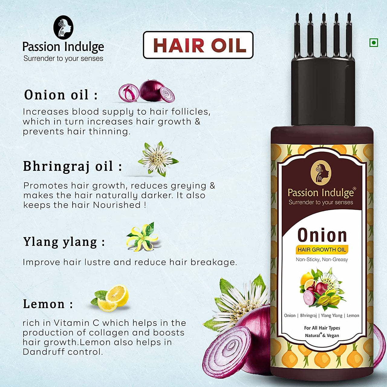 Passion Indulge Natural Onion Hair Growth Oil 100ml & Neuropassit NTstress Hair Fall Control & Cooling Oil 100ml Combo