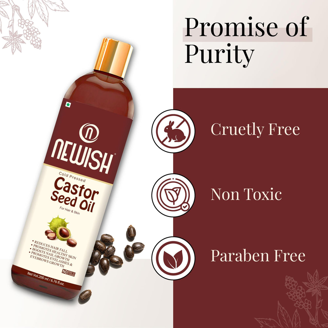 Newish Cold Pressed Castor Oil for Hair Growth, Skin & Eyebrows |Pure & Organic Arandi Oil |Promotes Thicker, Longer Hair & Repairs Cracked Heels - 200ml