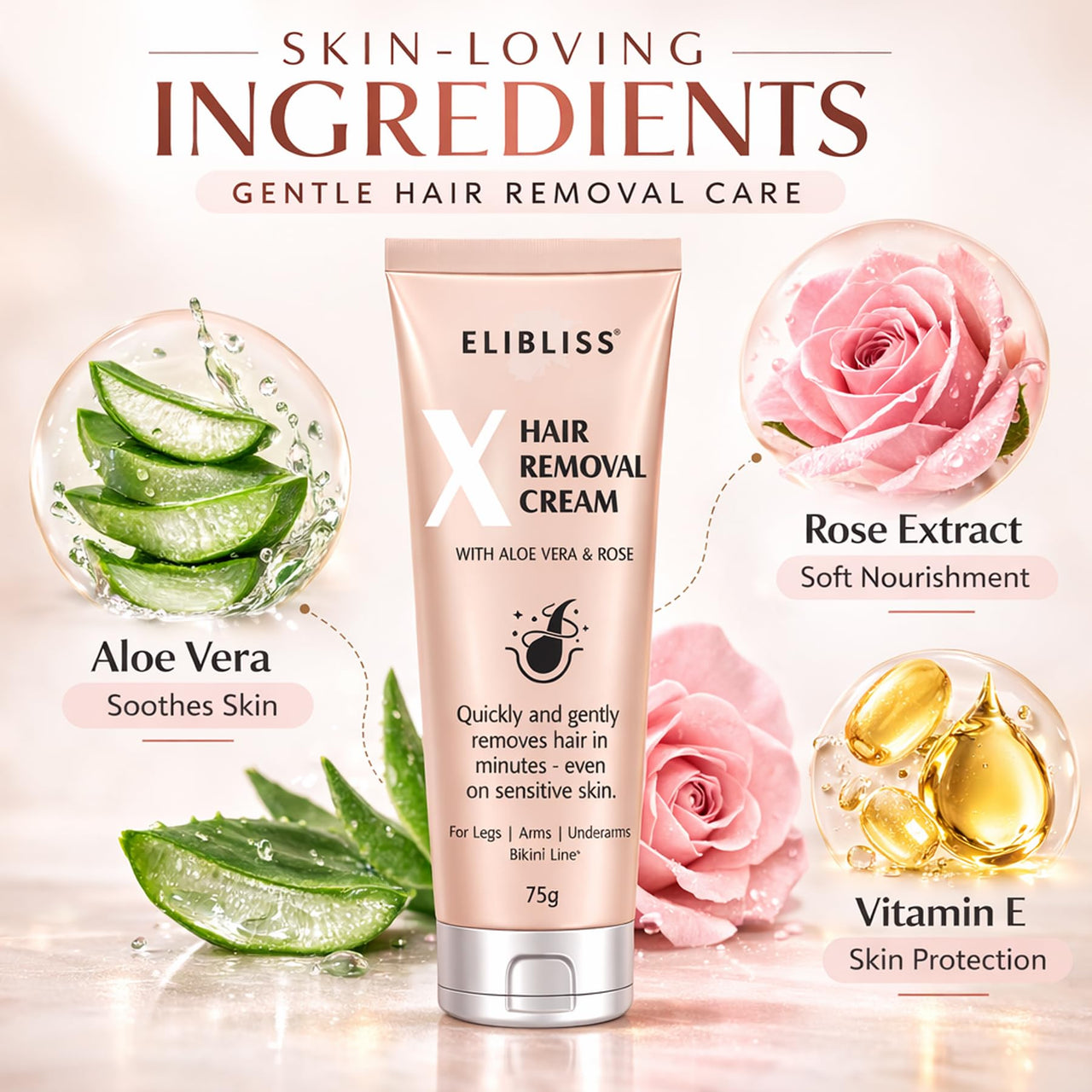 Elibliss X Hair Removal Cream 75g | Aloe Vera for Sensitive Skin | Painless Hair Remover for Under arms, Legs & Bikini Line | Smooth & Hydrated Finish