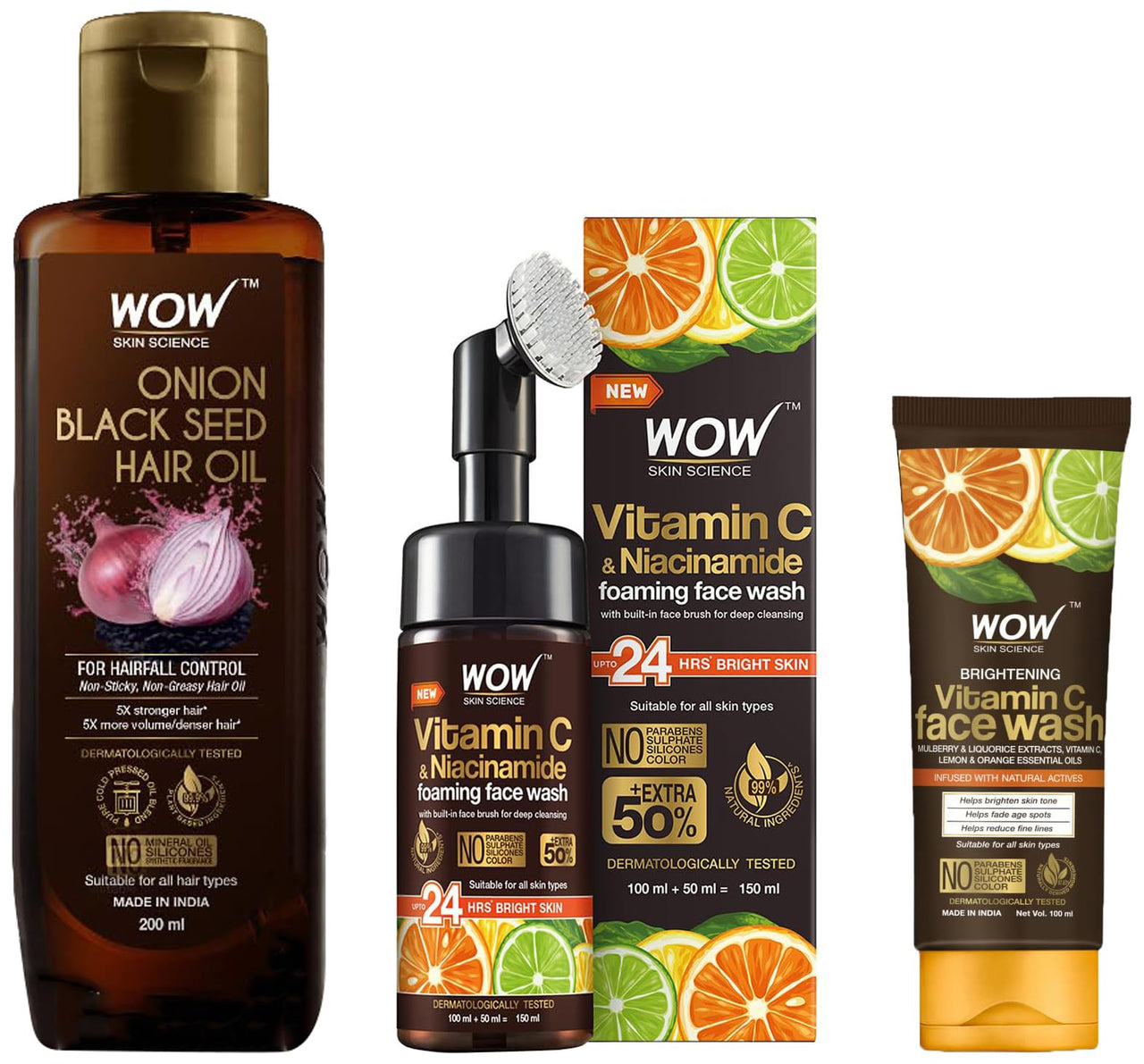 WOW Skin Science Black Seed Hair Oil - Controls Hair Fall - No Mineral Oil & Brightening Vitamin C Foaming Face Wash & Brightening Vitamin C Face Wash