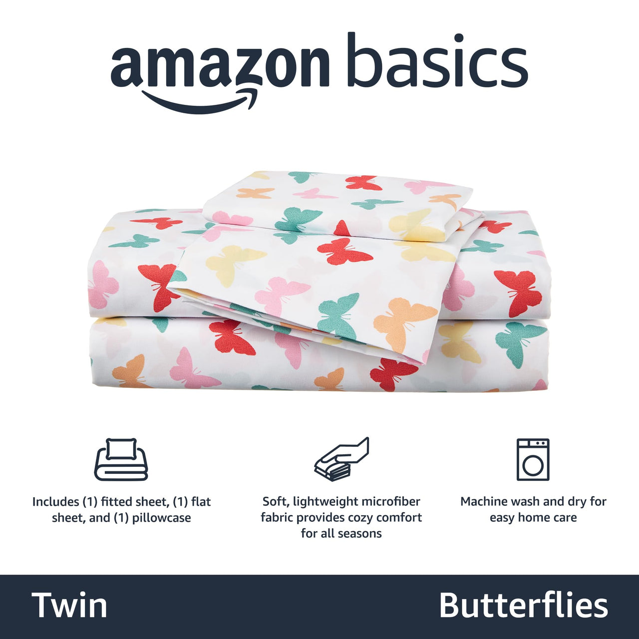 Basics Kid's  Butterfly Friends Soft Easy-Wash Microfiber 3-Piece Sheet Set, Twin, Multi-Color Butterflies, Printed