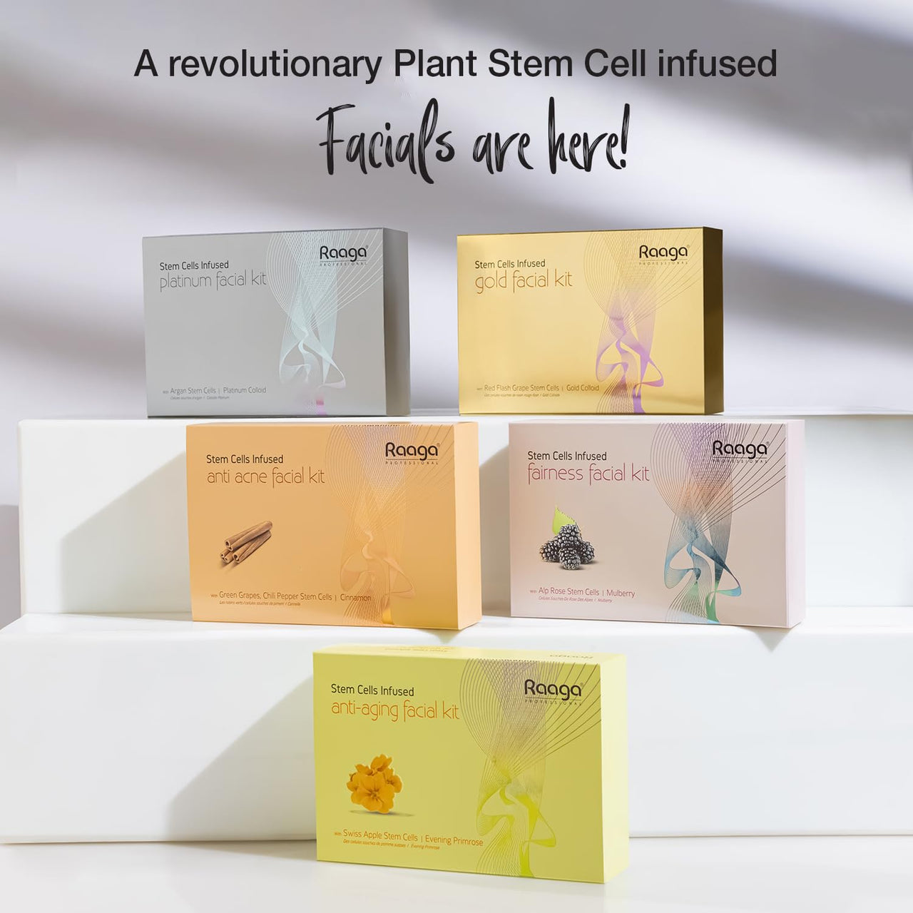 Raaga Professional Stem Cells Infused Platinum 6 Step Facial Kit | Platinum Colloid, Argan Stem Cells | Restores Skin's  Moisture | All Skin Types (61 gm)