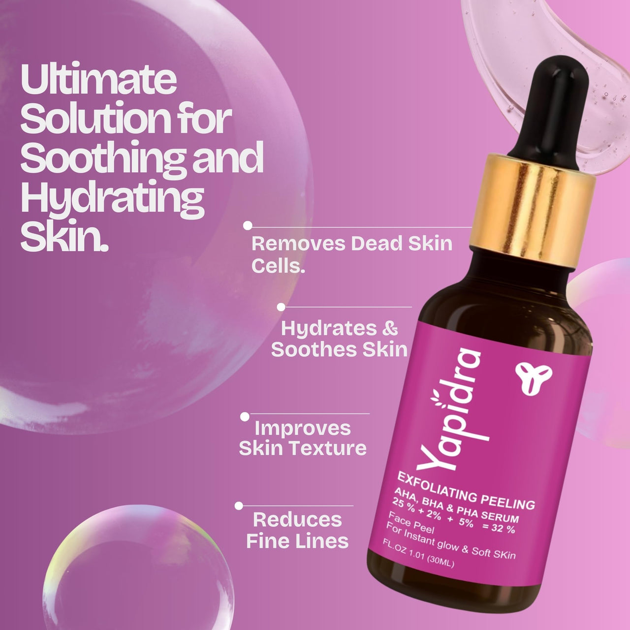 Yapidra Triple-Acid Peeling Serum with 25% AHA, 2% BHA & 5% PHA for deep exfoliation, smoother, radiant skin | Lightweight, fast-absorbing formula |30ml