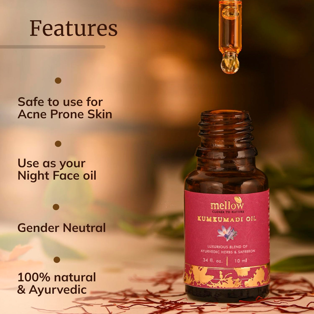 Mellow Ayurvedic Kumkumadi Oil for Face Glowing with 22 Herbs and Blend with Saffron, Deep Nourishment & Hydration, Reduces Pigmentation and Fine Lines, Anti Aging Face Serum