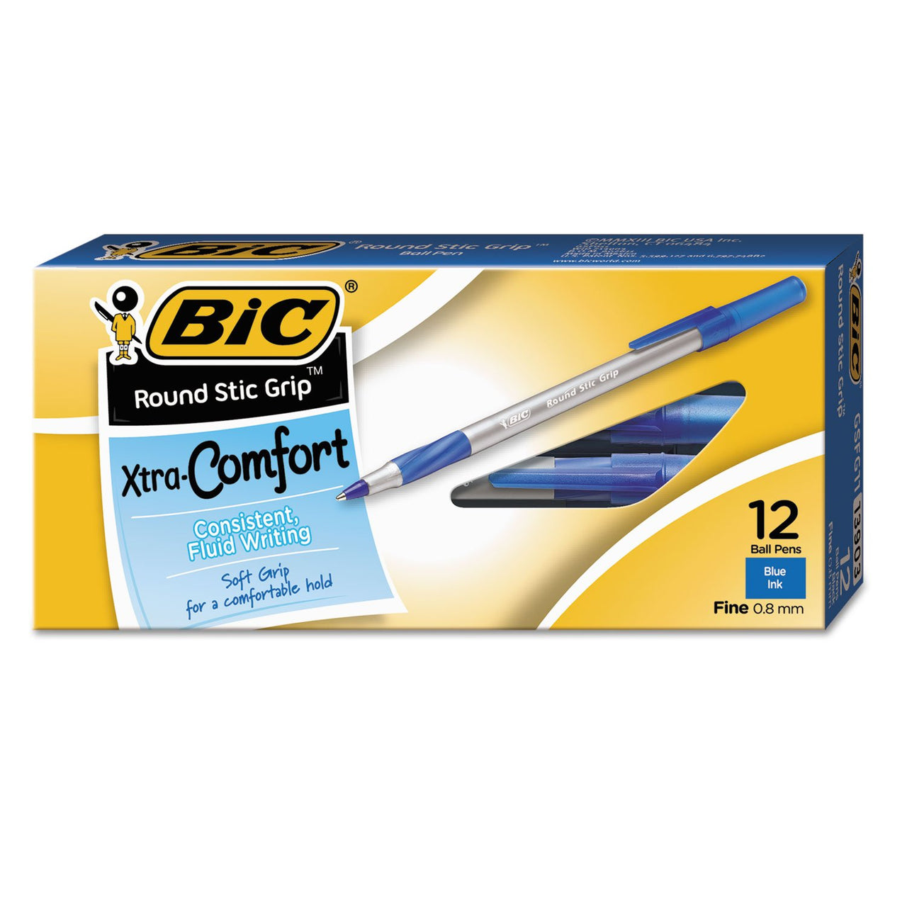 BIC Round Stic Grip Xtra-Comfort Fine Ball Point Pen, Blue, 12 Pack