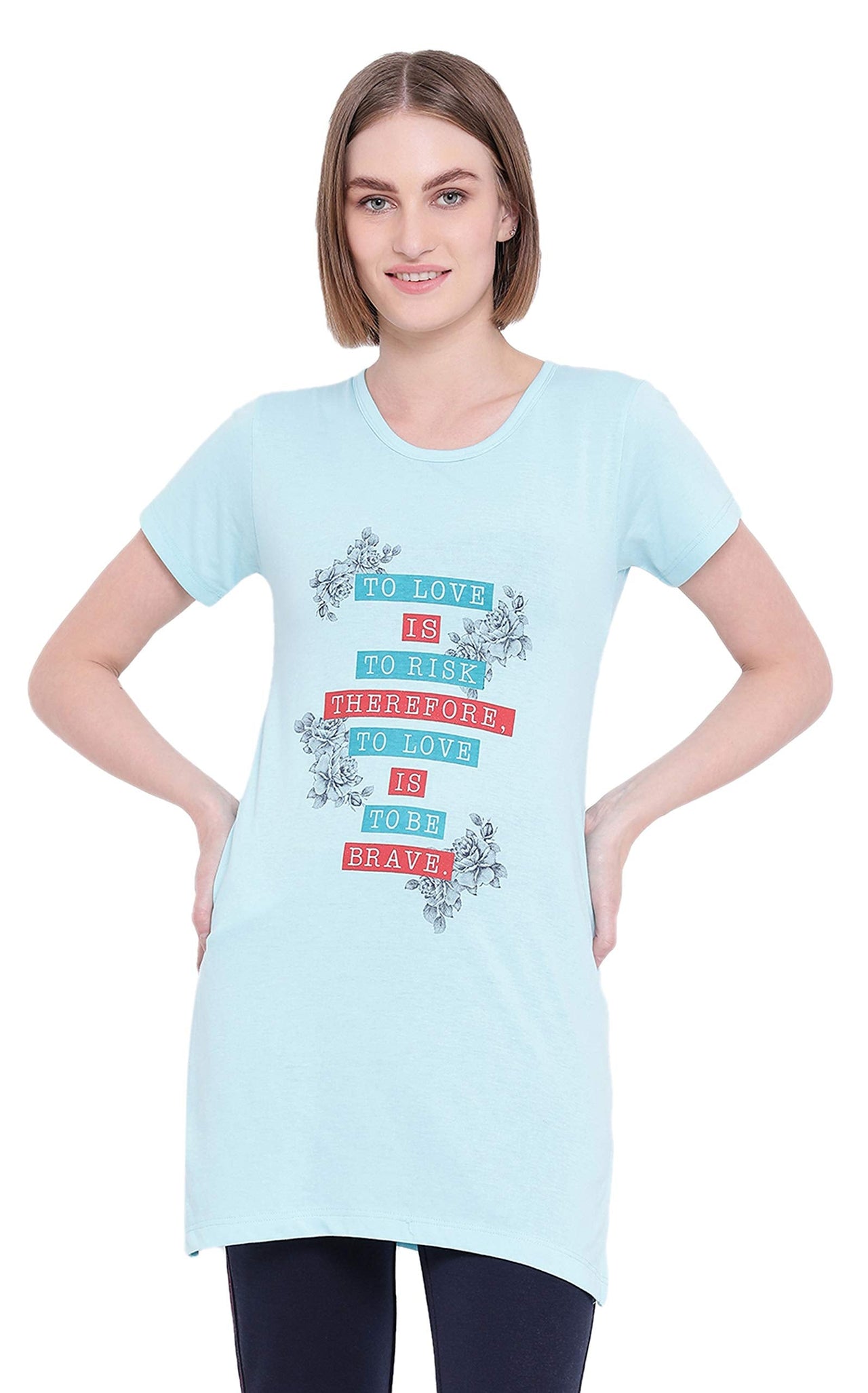 In Love Ladies Long Knee Length Chest Printed Side Slits Tshirts