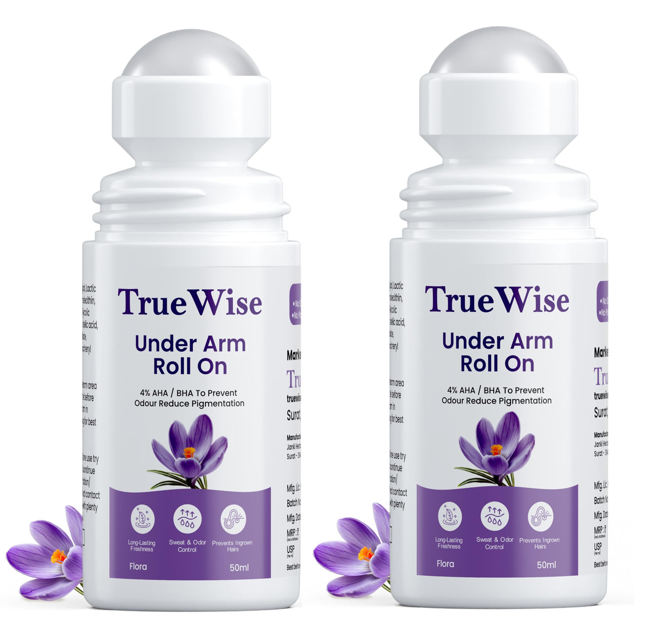 TrueWise® Underarm Roll On 50ml | 4% Aha Bha,2% Lactic Acid, 1% Mandelic Acid, 1% Salicylic Acid | Controls Odour & Reduces Pigmentation | 0% Aluminium & 0% Alcohol | Long Lasting Flora Fragrance (Pack Of 2)