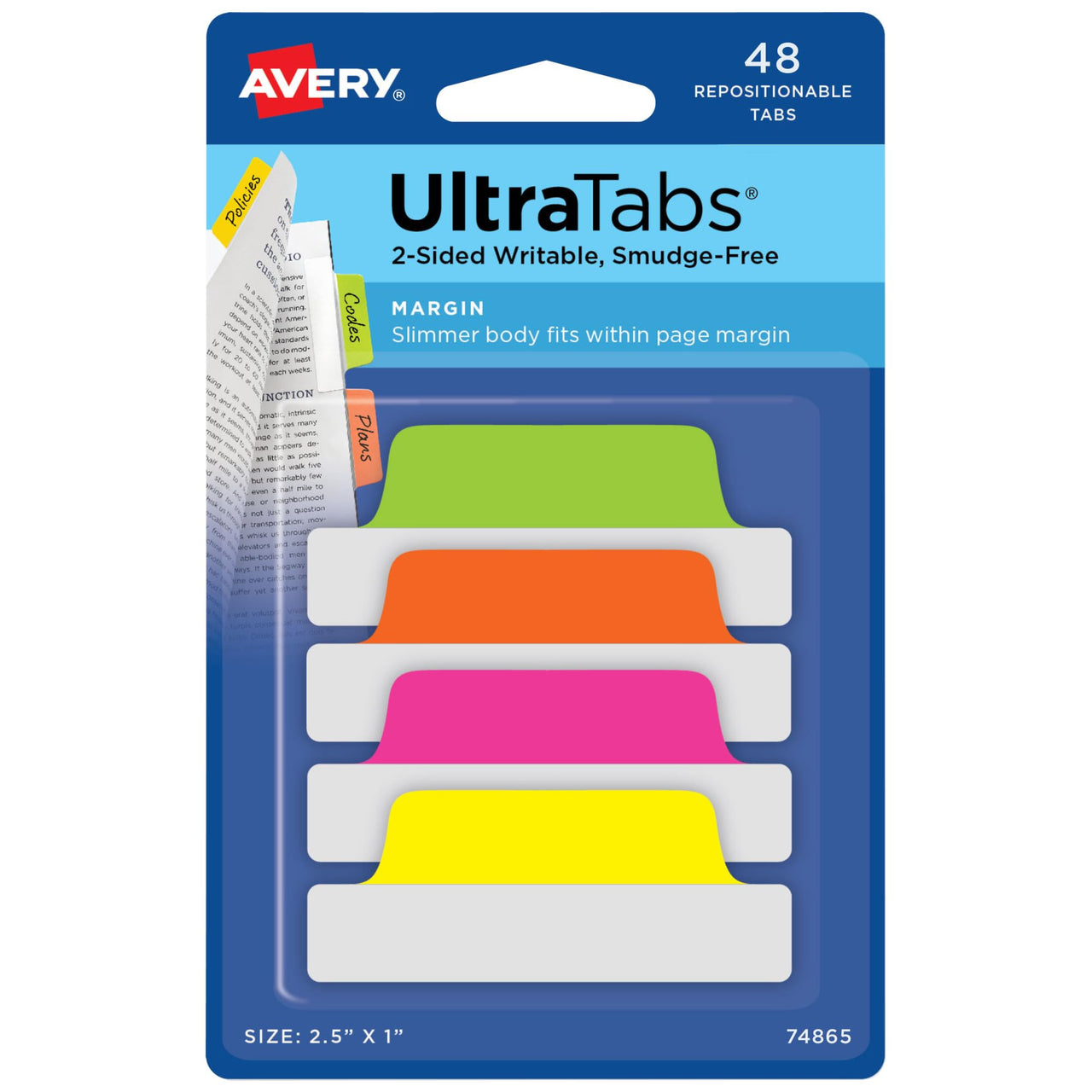 Avery Margin Ultra Tabs, 2.5" x 1", 2-Side Writable, Assorted Neon Colors, 48 Repositionable Page Tabs (74865) 48 tabs