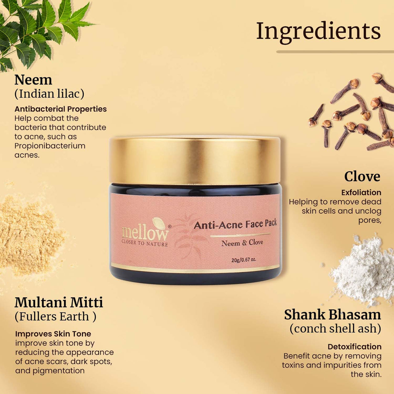 Mellow Herbal Anti Acne Face Pack | Ayurvedic Neem, Clove & Multani Mitti | Controls Oil, Reduces Pimples & Acne Scars | Deep Cleansing & Detoxifying | Natural & Chemical-Free | 20gm