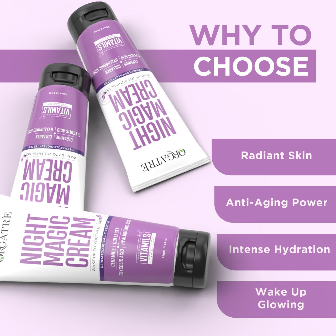 Orgatre Night Magic Cream 75gm for Glowing, Youthful Skin | Anti-Aging Night Cream with Ceramide, Collagen, Glycolic & Hyaluronic Acid | Reduces Wrinkles & Fine Lines | Brightens & Hydrates Skin