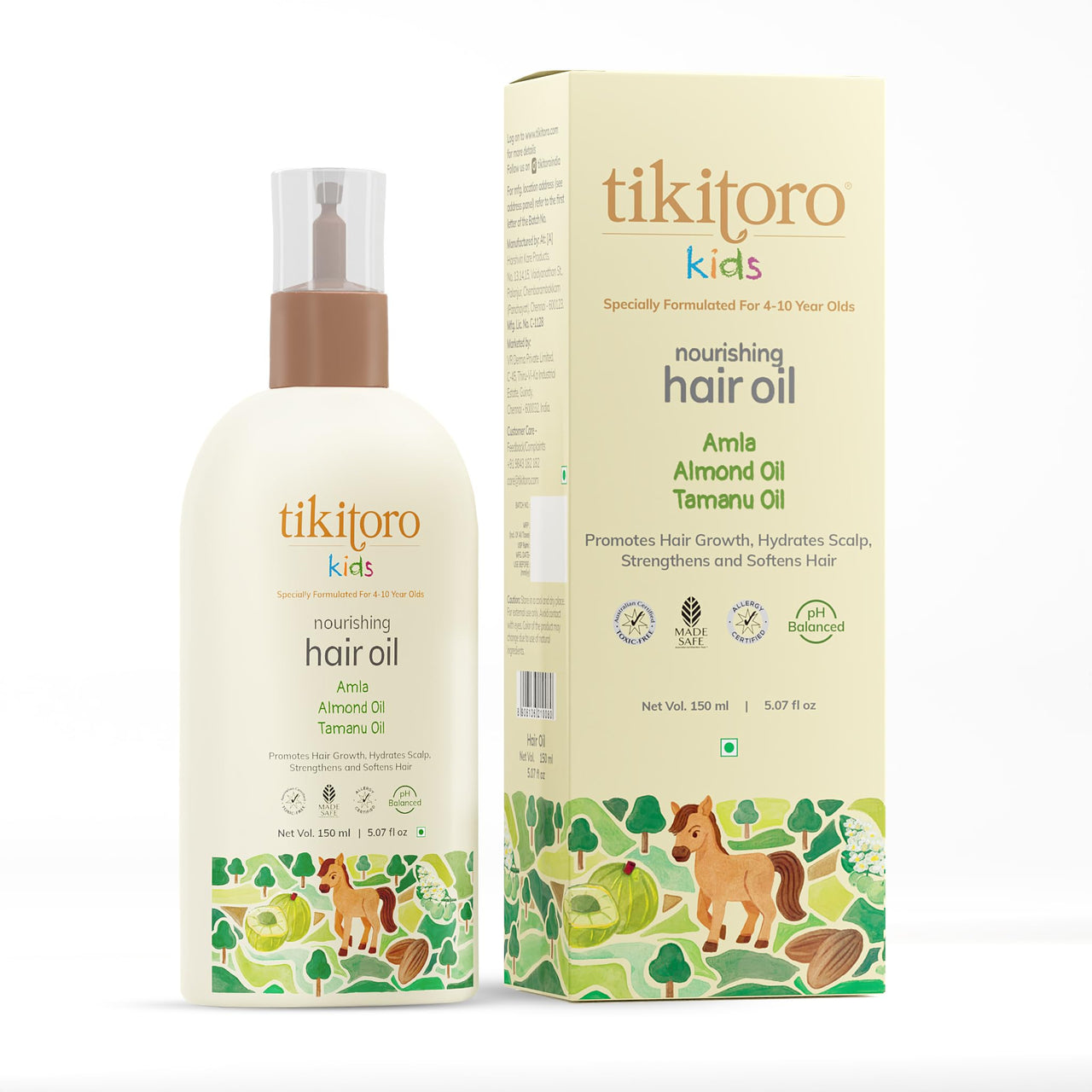 Tikitoro Kids Nourishing Hair Oil, 100% Vegan with Bringha, Amla, Olive, & Argan, Promotes & Conditions Hair Growth & Scalp, Non-sticky, Non-smelly & Non-greasy, No Paraben & Sulphate (150 ml)