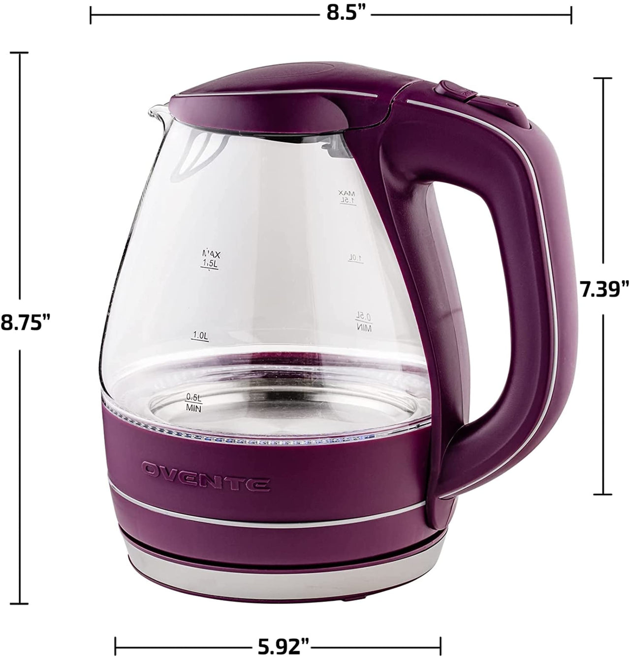 OVENTE Glass Electric Kettle Hot Water Boiler 1.5 Liter Borosilicate Glass Fast Boiling Countertop Heater - BPA Free Auto Shut Off Instant Water Heater Kettle for Coffee & Tea Maker - Purple KG83P