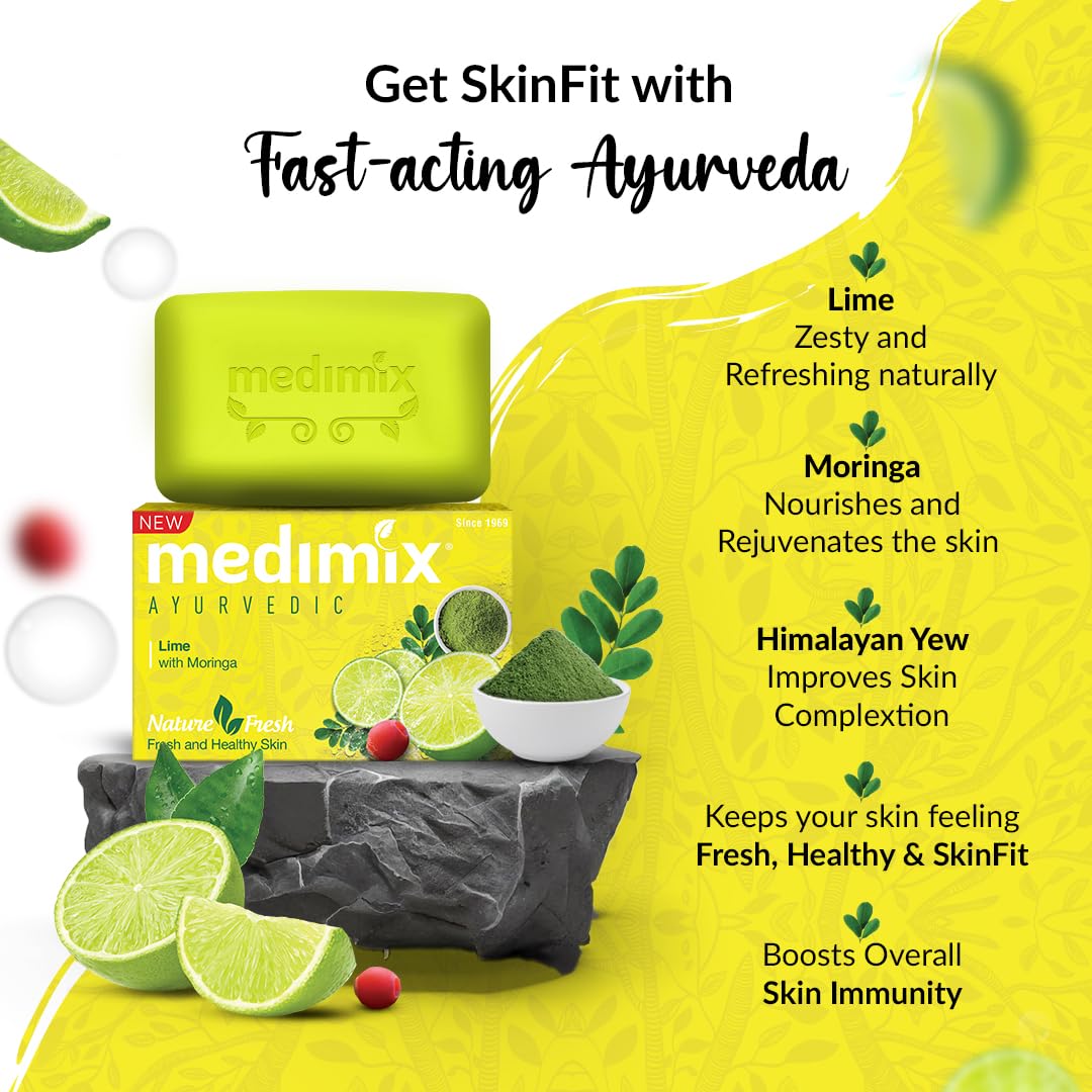 Medimix Ayurvedic Lime with Moringa Bathing Bar Soap 125g (Buy 4, Get 1 Extra Combo Pack) | Refreshed & Nourished Skin | Shop Herbal | Natural | Paraben-free & Sulphate-free | 100% Vegan