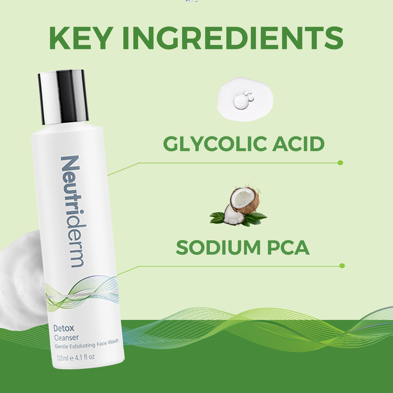 Neutriderm Detox Facial Cleanser,Gentle Exfoliating Face Cleanser With Glycolic Acid&Sodium Pca For Glowing Skin,Ultra Hydrating Facial Wash-Glycolic Acid Face Wash For Normal To Oily Skin-120 Ml