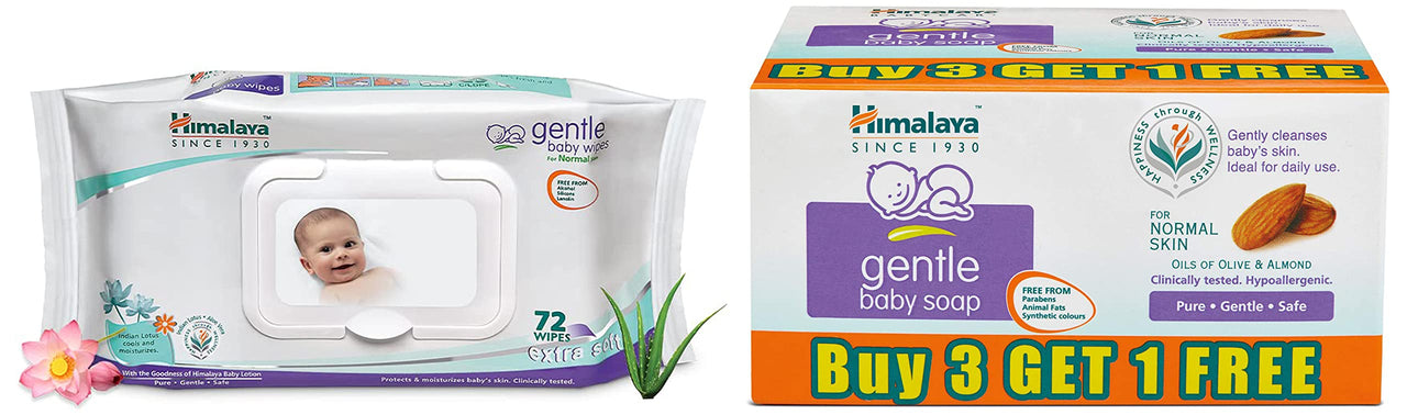 Himalaya Gentle Baby Wipes, 72 Wipes,White & Gentle Baby Soap (4N*75g)