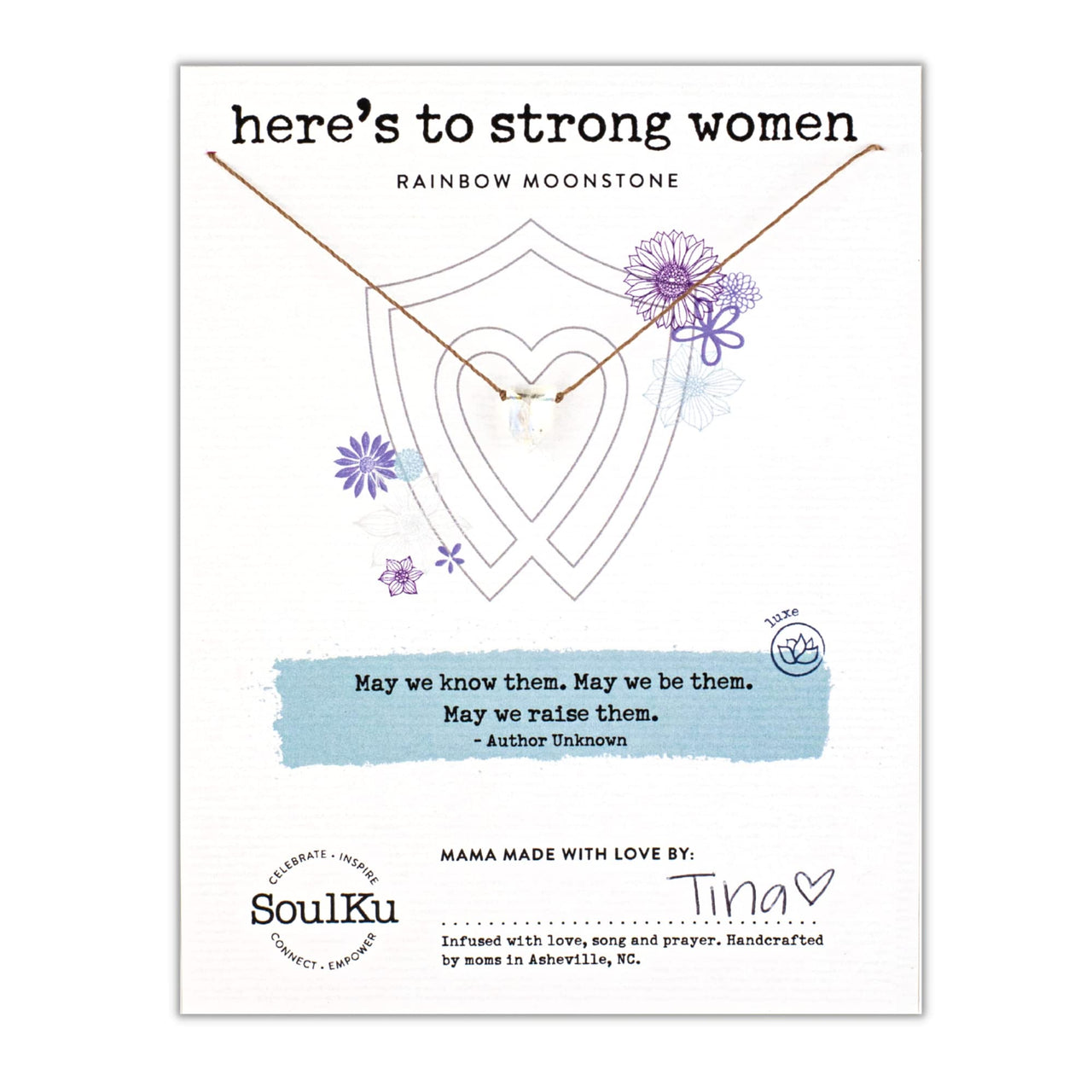 SoulKu Empowering Necklace, Empowering Jewelry With Healing Crystal, Inspirational Necklace For Strong Women, Mom & Sister, 16" Cord with 2" Sterling Silver Extender (Moonstone) Moonstone