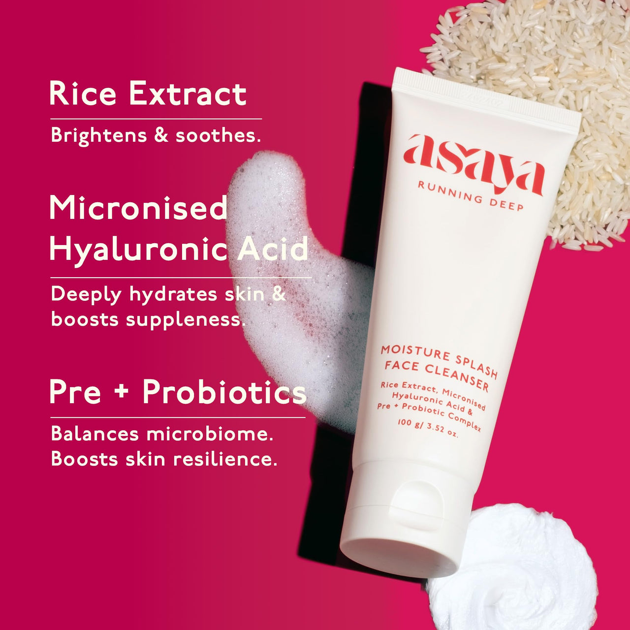Asaya Hydrating Gentle Face Wash | Korean Rice Water & Hyaluronic Acid | Brightens, Soothes & Strengthens Skin Barrier | Pre + Probiotics for Microbiome Balance | Deep Cleansing, Non-Stripping & Moisturizing | Minimizes Pores & Evens Tone | For Sensitive,