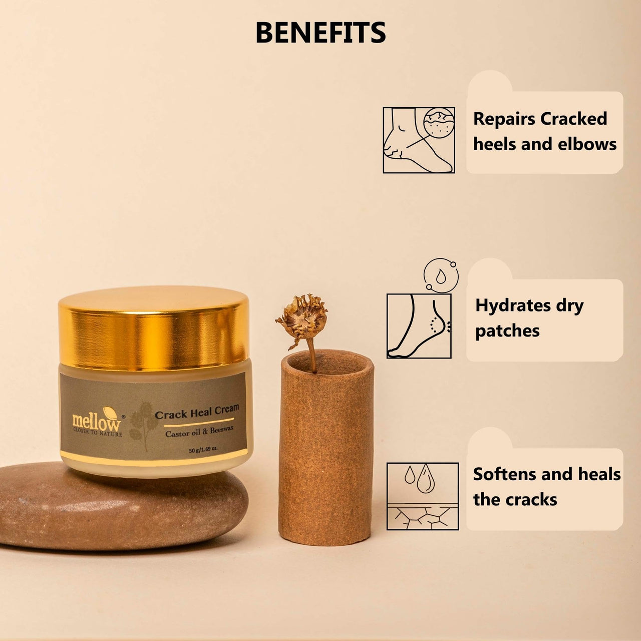 Mellow Herbal Crack Heal Foot Cream | Ayurvedic for Cracked Heels & Dry Skin | Enriched with Beeswax, Sesame Oil & Castor Oil | Deep Nourishment & Fast Healing | Paraben-Free & Ayush Certified | 50g