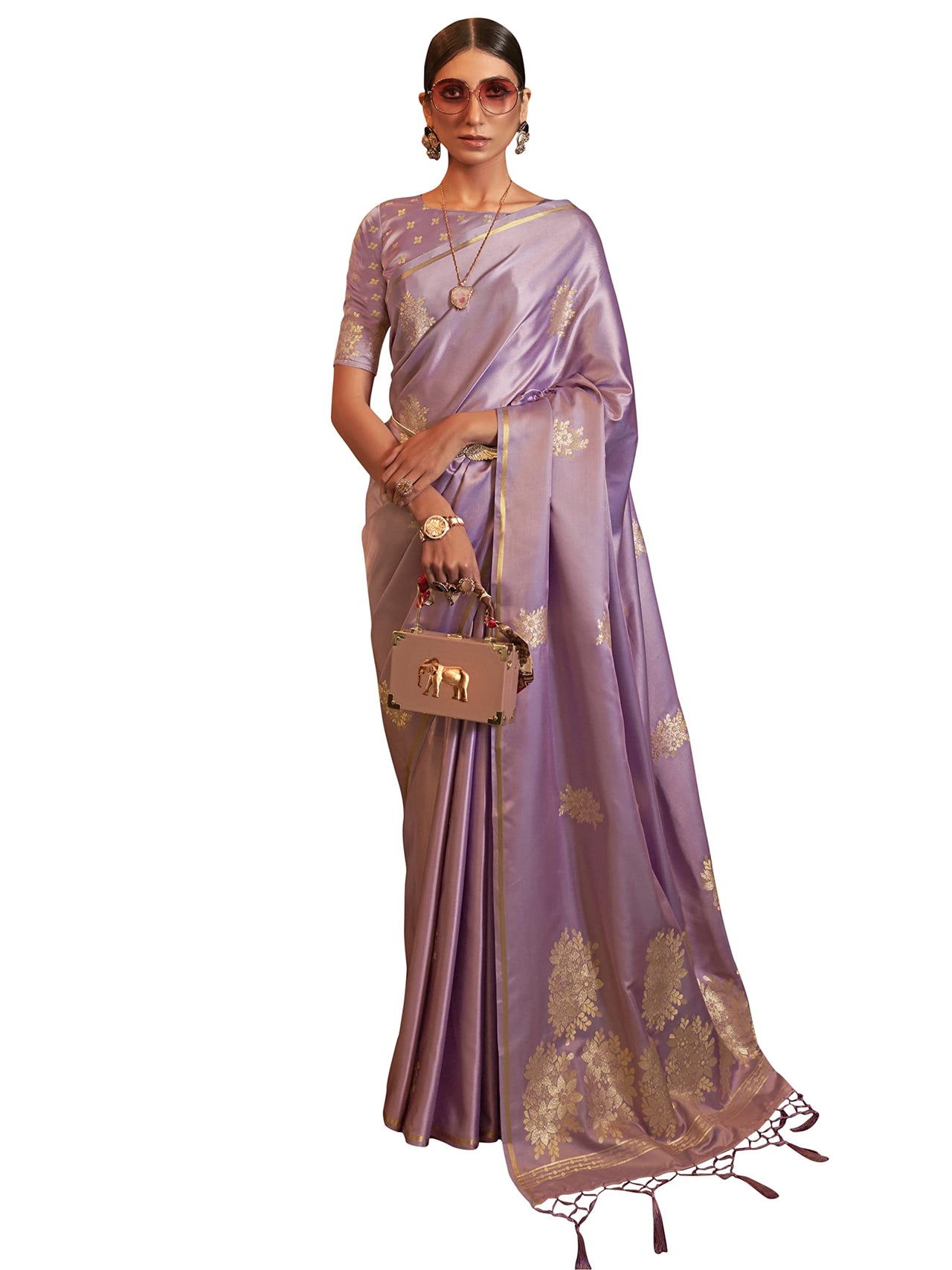 AKHILAM Women's  Banarasi Pure Silk Floral Golden Zari Work Woven Design Border Saree with Unstitched Blouse Piece(KSBLE2240_Parent)