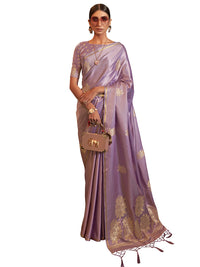 AKHILAM Women's  Banarasi Pure Silk Floral Golden Zari Work Woven Design Border Saree with Unstitched Blouse Piece(KSBLE2240_Parent)