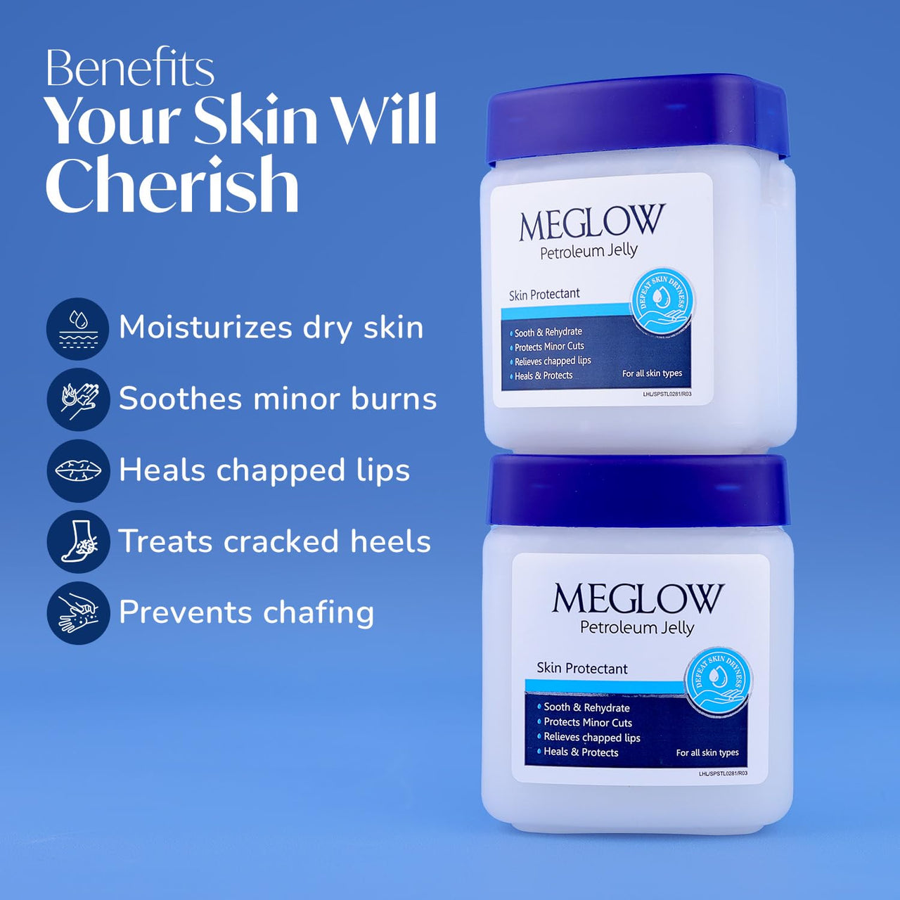 Meglow Moisturizing Petroleum Jelly | Deep Hydration & Skin Protection | Vitamin E Helps Lock in Moisture | Heal Dry Skin & Prevent Cracks for Soft, Smooth Skin Pack of 3 (100g Each)