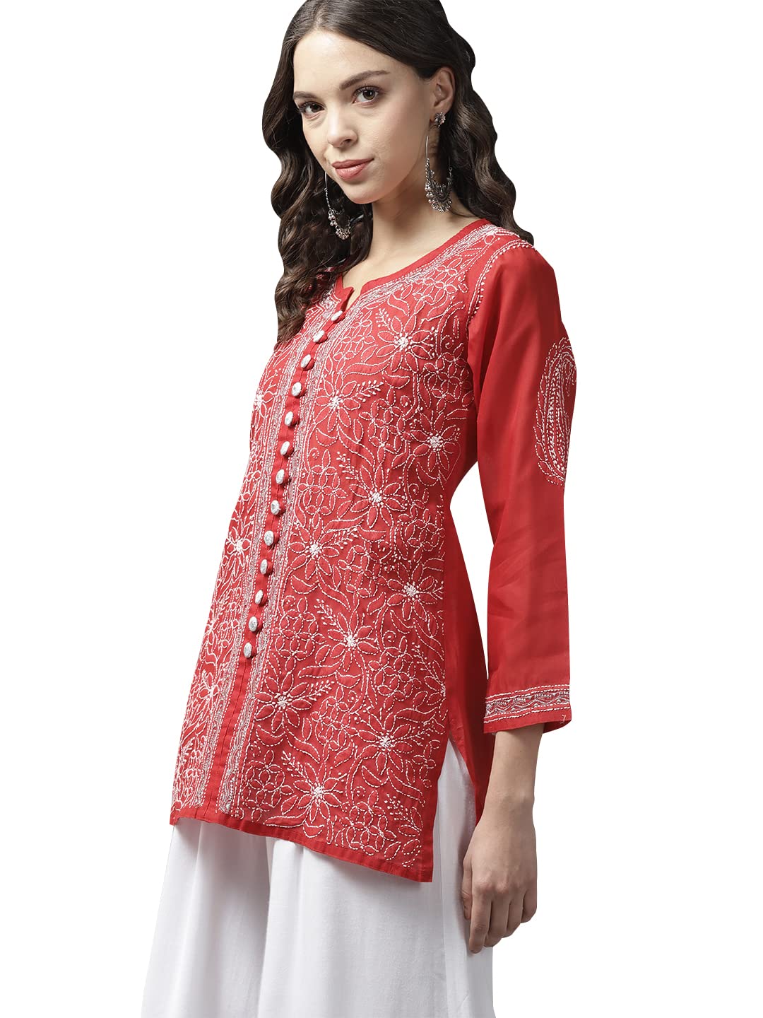 Ada Women's  Hand Embroidered Lucknowi Chikankari Cotton Straight Short Top Kurti A178625